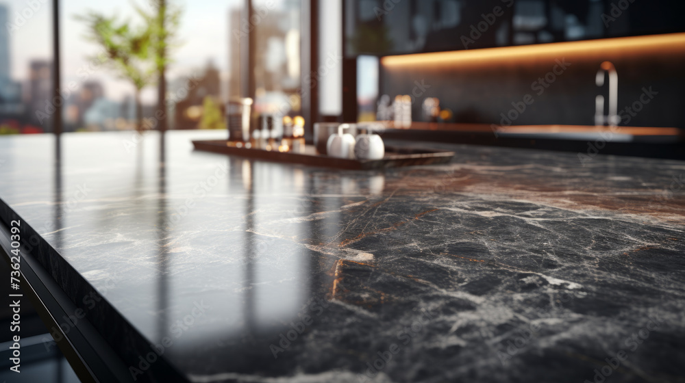 Fototapeta premium Sleek Black Kitchen Surface in Sunlit Room