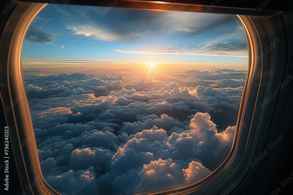 Look through the airplane window as it flies with the beautiful blue sky. Look through the airplane window as it flies with the beautiful blue sky.
