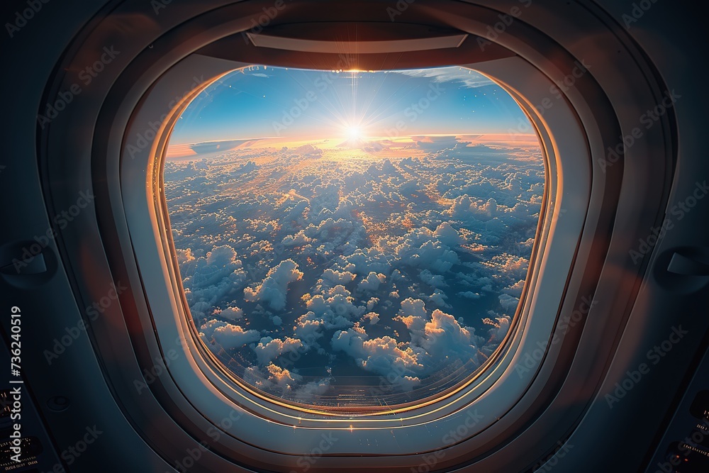 Look through the airplane window as it flies with the beautiful blue sky.