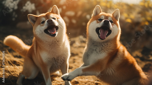Shiba inu dogs are playing in the park. AI Generative. photo