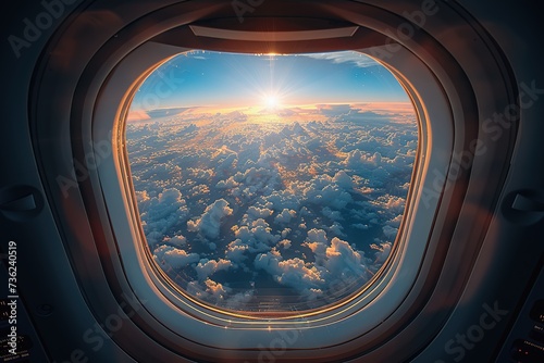 Look through the airplane window as it flies with the beautiful blue sky.