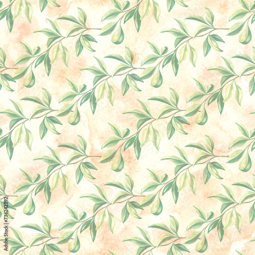 Seamless pattern with green leaves of oranges tree. Hand drawn watercolor botanical illustration of citrus branches. Background template with plants for cards  fabric  wallpaper  scrapbooking  covers.