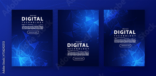Poster brochure cover banner presentation layout template, technology digital futuristic internet network connection blue background, abstract cyber future tech communication, Ai big data science 3d photo