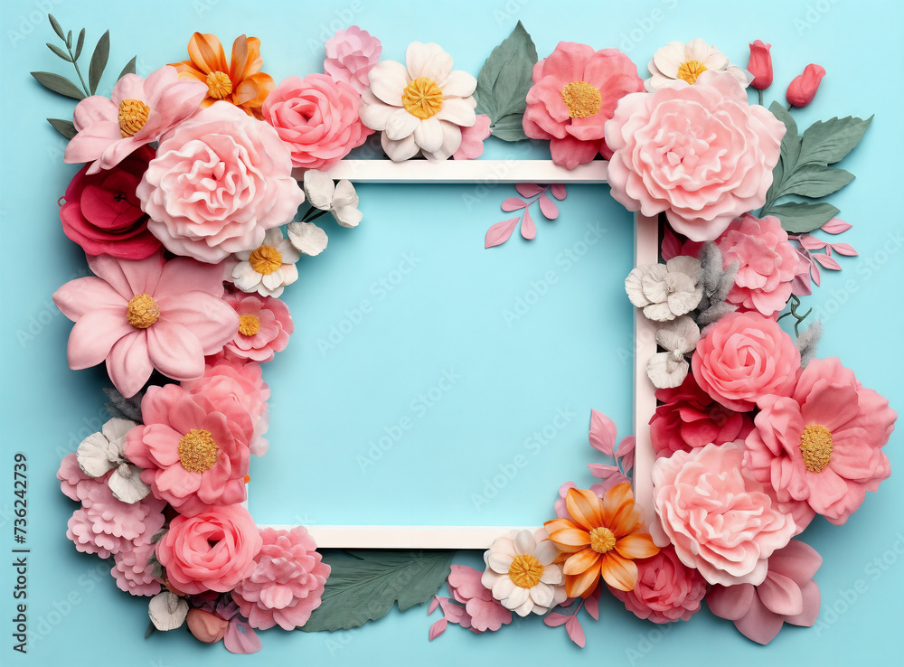 a white frame with pink flowers on a blue background with leaves and flowers around it, with a place for a text, generative ai a white frame with pink flowers on a blue background with leaves and flowers around it, with a place for a text, generative ai