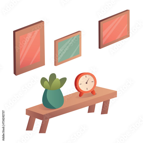 Bedroom furniture of colorful set. A colorful table with a charming cartoon design brings a lively and cheerful vibe to bedroom interiors. Vector illustration.
