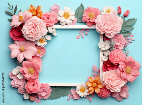 a white frame with pink flowers on a blue background with leaves and flowers around it, with a place for a text,  generative ai