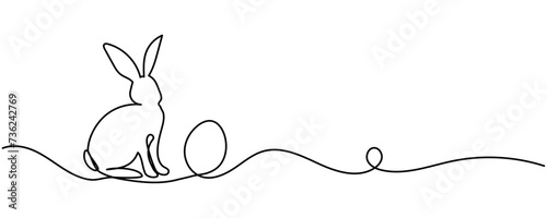 Easter border with easter bunny with egg on isolated background. Easter holiday eggs drawn by one line. Easter hunt border. Happy Easter concept. Greeting banner design. Vector illustration