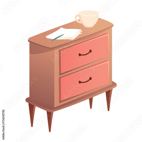 Bedroom furniture of colorful set. This illustration portrays a vibrant chest with a charming cartoon design, adding a splash of color and personality to bedroom decor. Vector illustration.