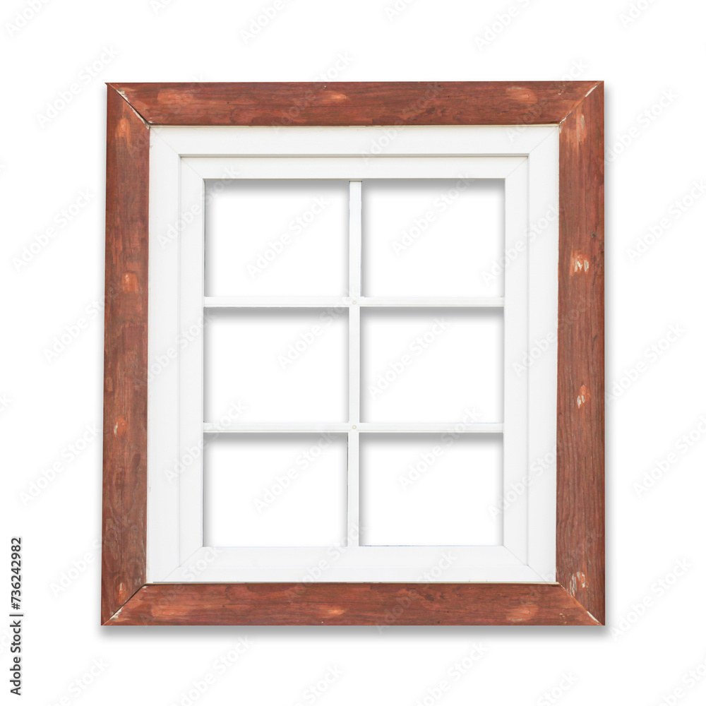 Wooden window frame isolated on white. Empty copy space rustic cottage house. Single object PVC window background. Vintage cabin construction. Countryside architecture texture. Window frame cutout.