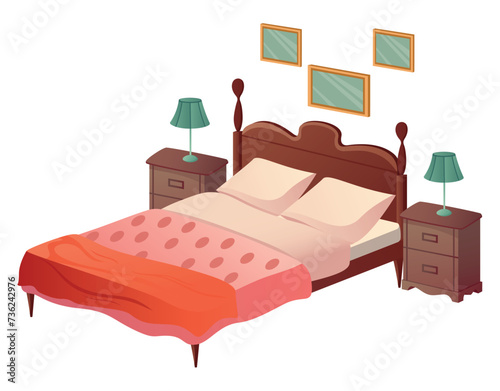 Bedroom furniture of colorful set. This illustration showcases a vibrant and whimsically designed bed in a colorful cartoon style. Vector illustration. photo