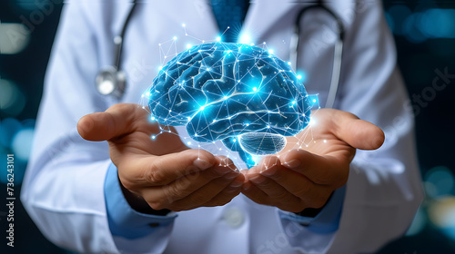 The neurosurgeon doctor holding human brain in his hands by using digital brain scan hologram 3D rendering Futuristic hi technology of health care and medical concept