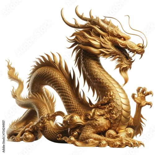 Golden dragon, conveying a strong feeling of awe,Zodiac 3D illustration, isolated on a transparent background.