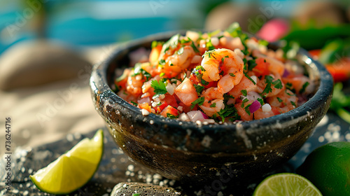 Fresh Shrimp Ceviche in Stone Bowl with Tropical Beach Background