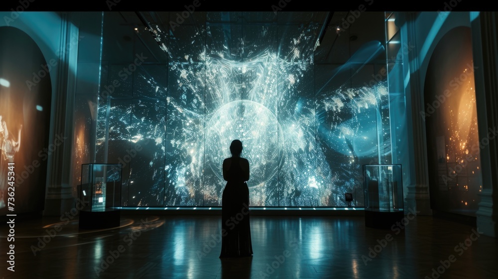 Visitor admiring vibrant digital art projection in a modern gallery setting. - obrazy, fototapety, plakaty 