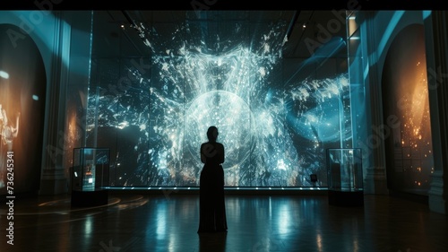 Visitor admiring vibrant digital art projection in a modern gallery setting. photo