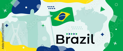 Federative Republic of Brazil holiday banner with Brazilian national flag, country map and Rio de Janeiro and Sao Paulo landmark silhouettes. Modern retro design with minimalist geometric shapes