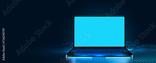 Laptop mockup with blank screen in dark blurred room with neon lights adiant blue grid lines, exuding a futuristic and technological aura.
