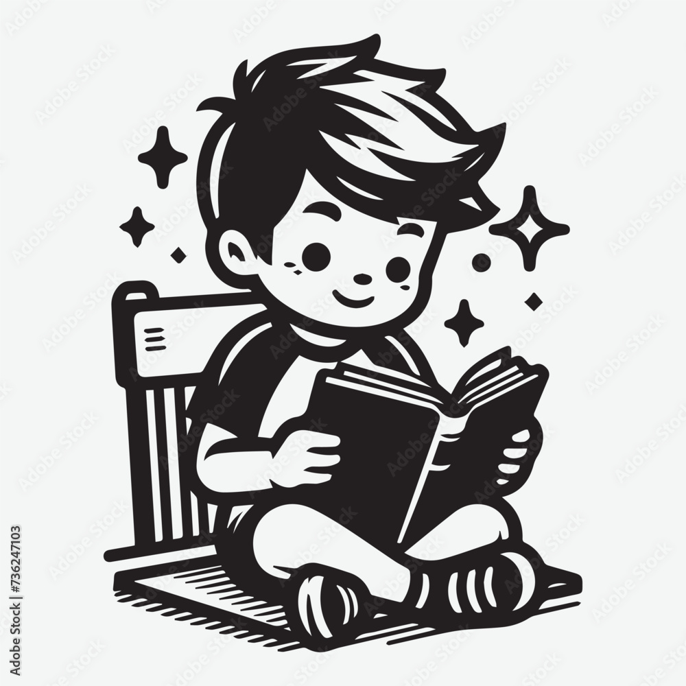 Little boy reading book, vector silhouette. Reading Time Concept Illustration 