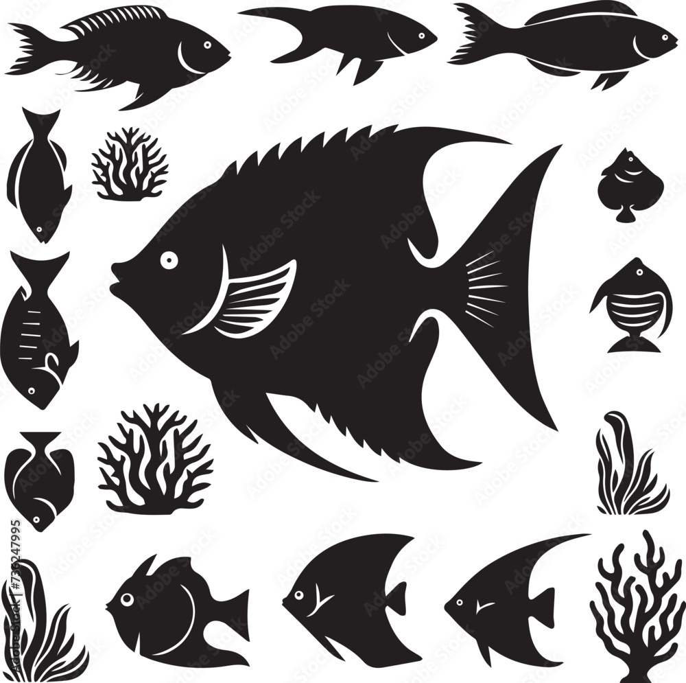 a set of fish silhouette with white background. fish, sea, vector, animal, water a set of fish silhouette with white background. fish, sea, vector, animal, water