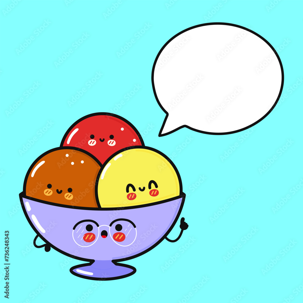Ice cream with speech bubble. Vector hand drawn cartoon kawaii character illustration icon. Isolated on blue background. Ice cream character concept Ice cream with speech bubble. Vector hand drawn cartoon kawaii character illustration icon. Isolated on blue background. Ice cream character concept