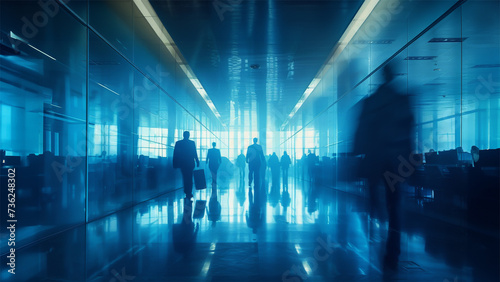 Businesspeople in a financial office building, blurred, going to work, blue mood