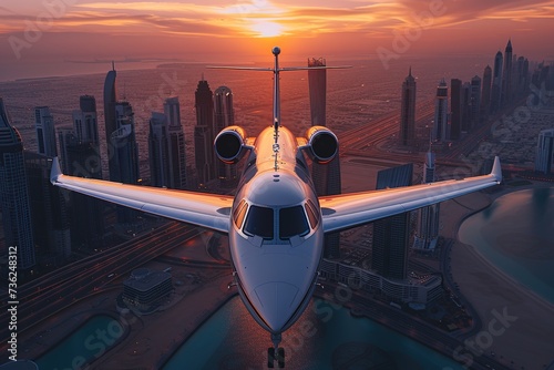 A private jet flies over Dubai amidst a beautiful sunset.