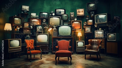 imagine vintage televisions designed in the 1920s end 1930s, sitting in a room full of them photo