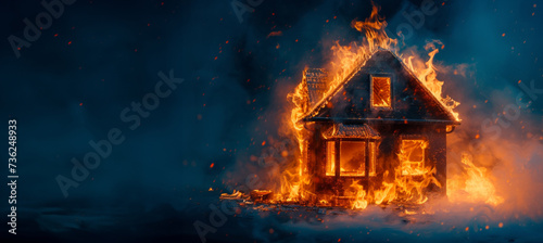he house is on fire. House on fire at night. spectacular house fire at night. House burning. space for text. blue background.