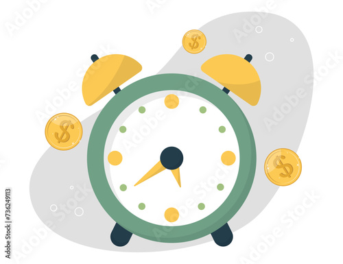 Time is money, earning investment income, pension fund concept, relationship between workload and income, successful time management to achieve reward, coins near the clock.