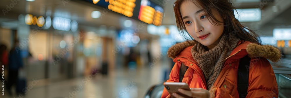 Young Asian woman in international airport uses mobile smartphone