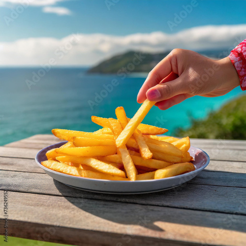 Hand Picking up a French Fry From a Plate on a Picnic Table With Scenic Coastal View 
