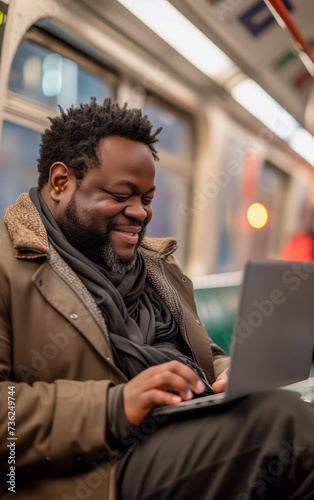 A happy black man works on laptop while traveling on the subway