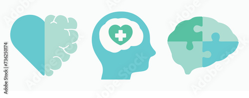 Mental Health, medicine, healthy, healing. Human, brain, heart, head. Emotion, feeling, mind, well-being. Education, intelligence. Psychology, psychiatry, doctor. Vector, icon, illustration, set