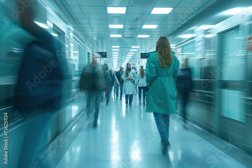 Emergency Department: Doctors, Nurses and Paramedics Run Blurred motion in busy hospital corridor, copy space. photo