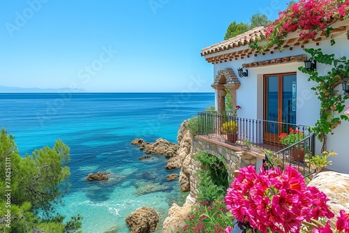 Beautiful villa next to sea in a summer day with flowers and well decorated outside with space, Generative AI.