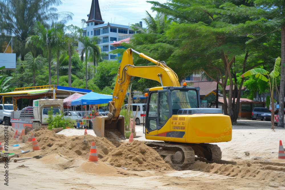 Obraz premium Backhoe Digs Trenches for Construction