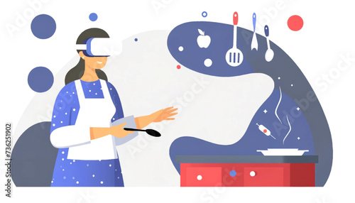 woman wearing VR goggles, engaged in cooking meals virtually