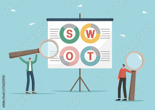 SWOT analysis, brainstorming to set goals, SWOT analysis team working on opportunity list, strategic planning, implementing business analysis tools, project management, men analyze business strategy.