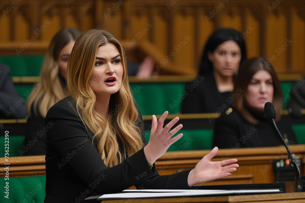Dynamic Female Politician Engages in Parliament Debate Dynamic Female Politician Engages in Parliament Debate