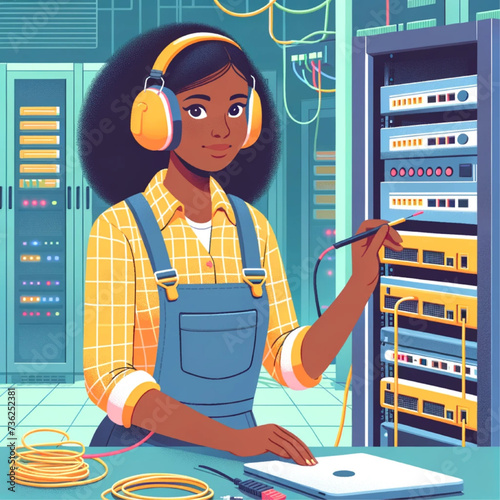 a young black female technician in the process of setting up a network in a server room