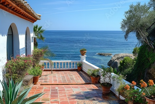 Beautiful villa next to sea in a summer day with flowers and well decorated outside with space, Generative AI. photo