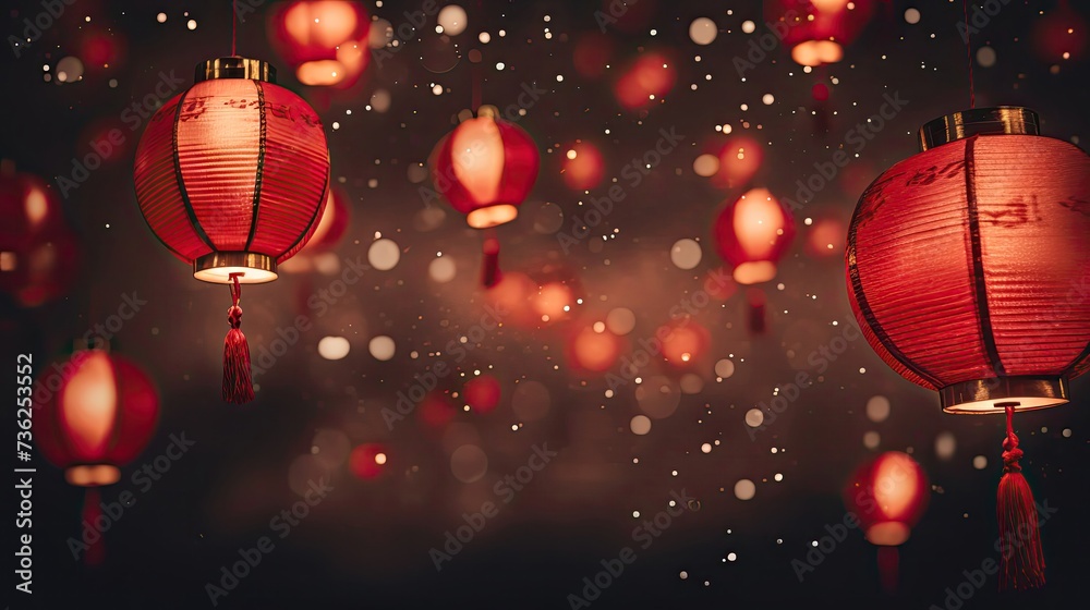 Lanterns, fireworks, clean background, red tone, minimalist style