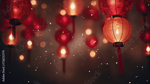 Lanterns, fireworks, clean background, red tone, minimalist style
