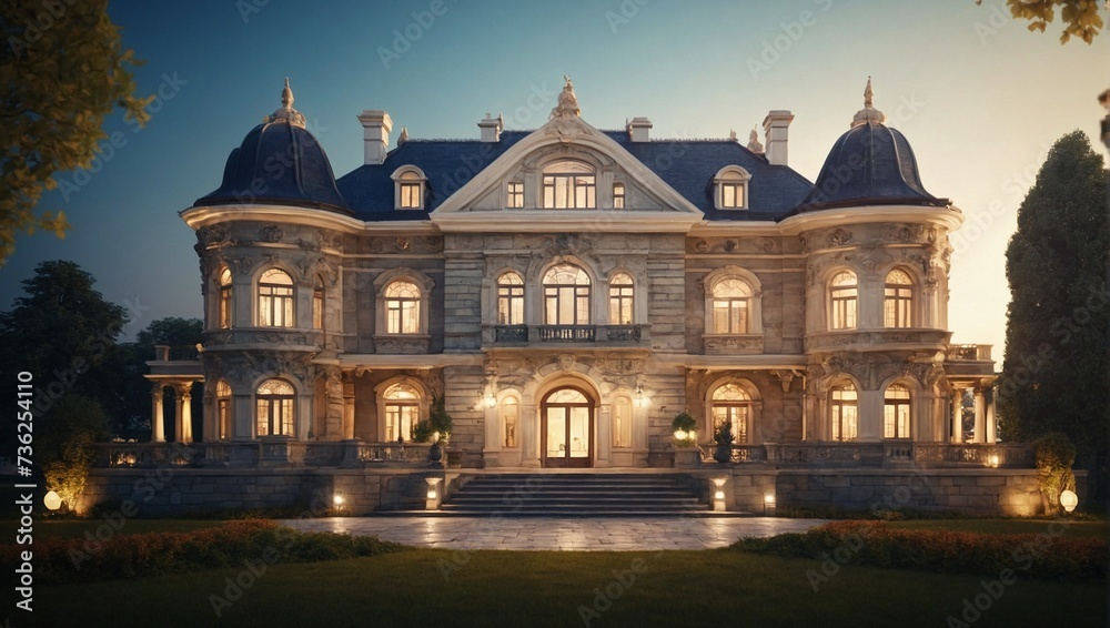 3D rendering of a historical mansion showcasing its architectural details