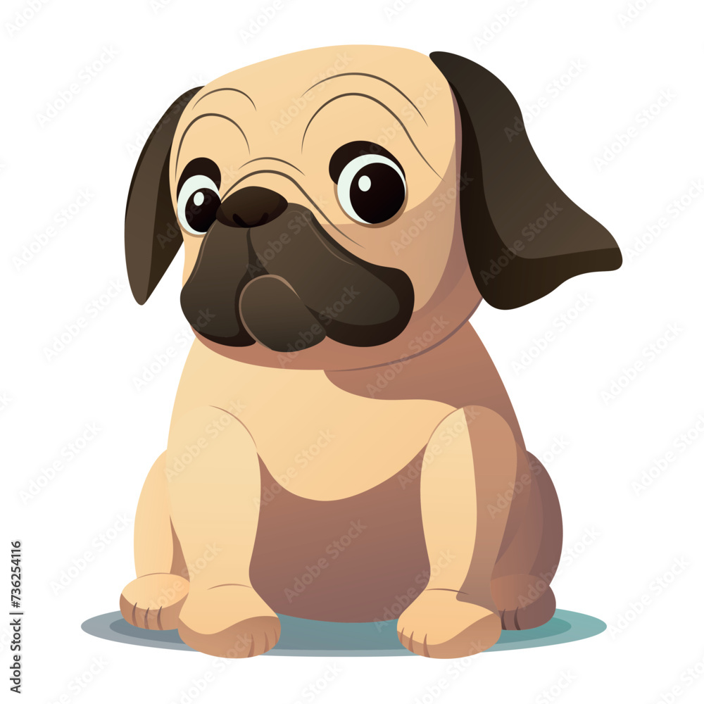 Funny pug of colorful set. This illustration of a playful puppy features vibrant colors and a charming cartoon design against a clean white background. Vector illustration.