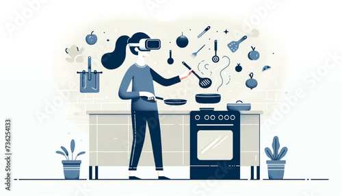 woman wearing virtual reality goggles learning cooking meals virtually