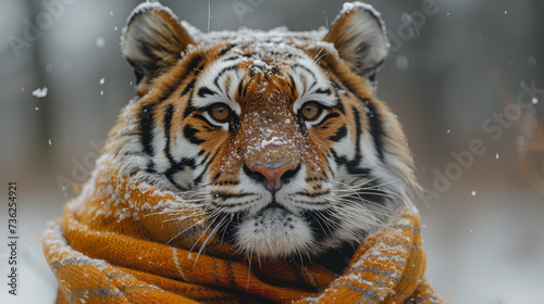 A majestic bengal tiger braves the cold winter in a stylish scarf, exuding confidence and grace as it roams the snowy landscape