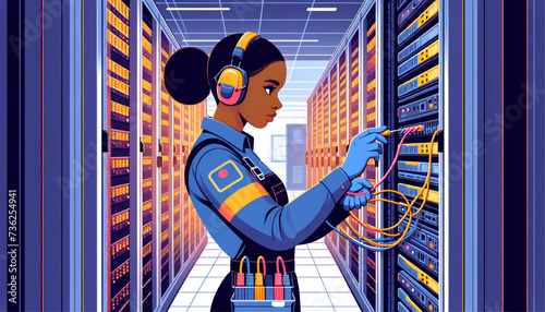 young black female technician plugging cables into a server rack