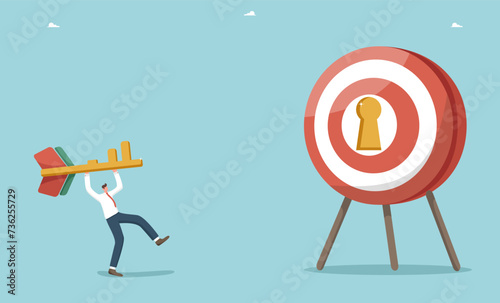 Teamwork to achieving business goals, motivation and determination for great success, find the key to achieve excellence in work and career growth, man throws a key-shaped dart at a dart board.