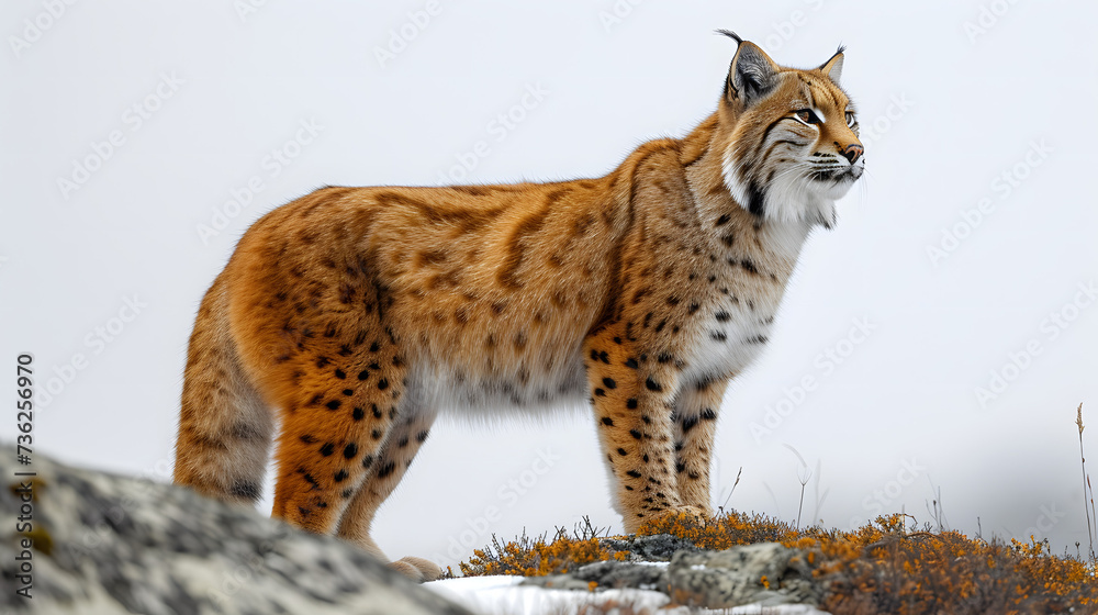 A majestic lynx, with its powerful feline presence, stands atop a rocky terrain, its thick fur blending into the snowy surroundings as it gazes out with its piercing eyes A majestic lynx, with its powerful feline presence, stands atop a rocky terrain, its thick fur blending into the snowy surroundings as it gazes out with its piercing eyes